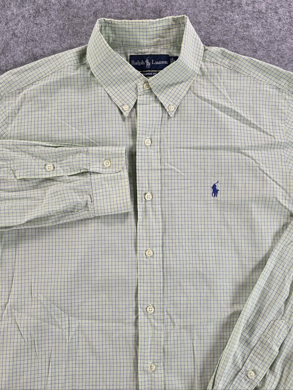Ralph Lauren Light Green & Navy Check Button-Down Dress Shirt Classic Fit Sz L